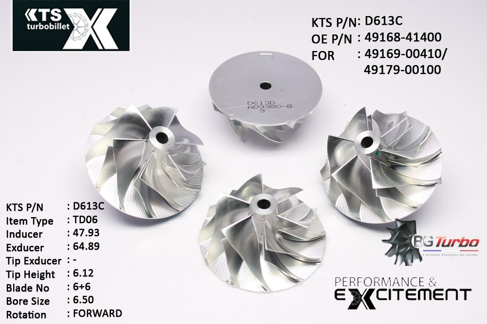 Turbo ROUE FORGÉE MFS PERFORMANCE - 6+6 PALES - INDUCER : 47,93 - EXDUCER : 64,89 - TYPE : TD06ANGLE : 65° - ROTATION : Forward - SUPER BACK : 0 - BORE SIZE : 6,5

